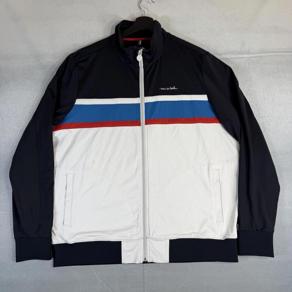 Travis Mathew Jacket Mens XL White Black Striped Full Zip Track Golf Performance